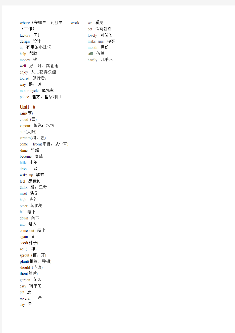 人教版小学英语六年级上册单词表