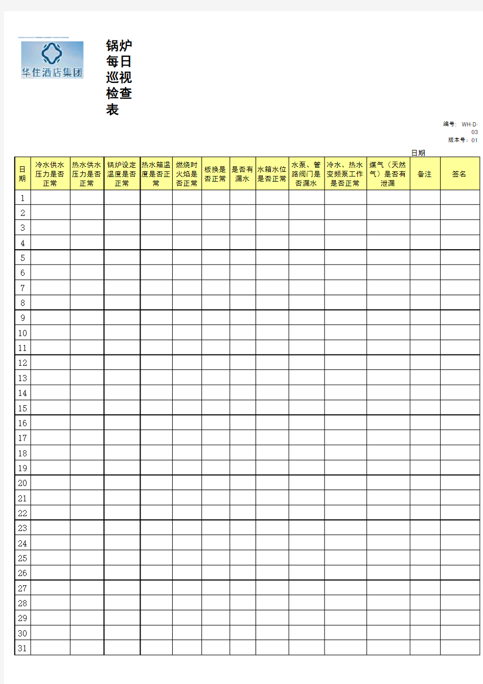 锅炉每日巡视检查表