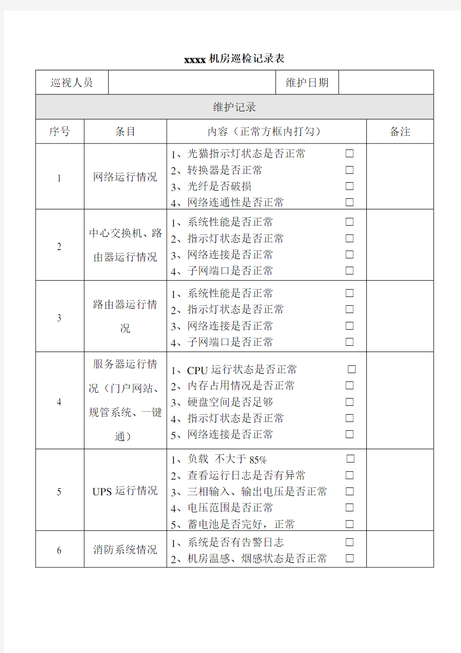 中心机房巡检记录表