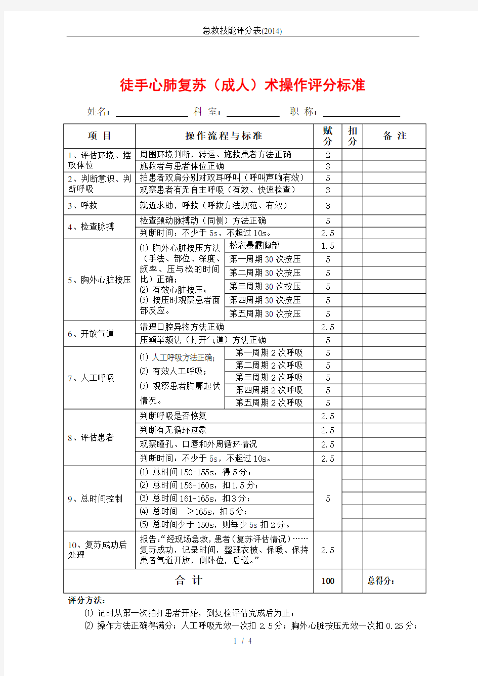 急救技能评分表(2014)