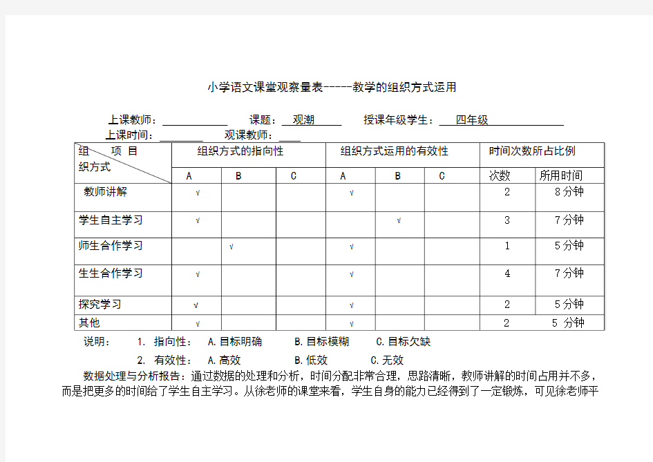 小学语文课堂观察量表报告