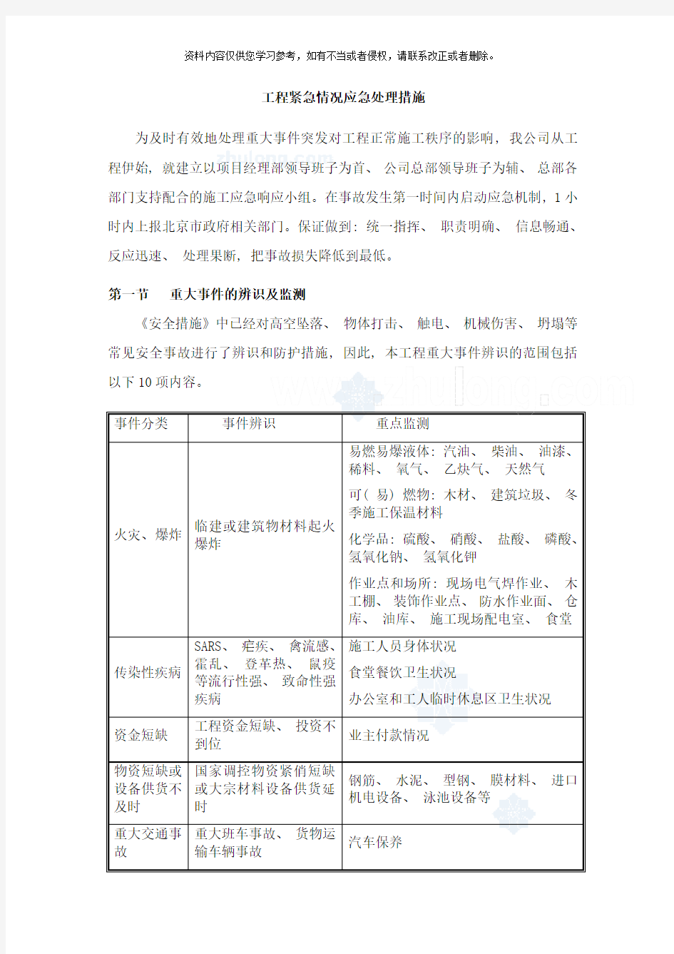 工程紧急情况应急处理措施样本