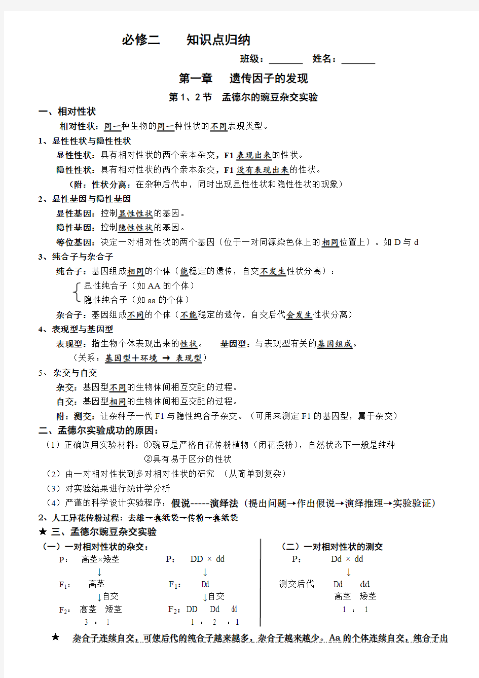 (完整版)高中生物人教版必修二第一章知识点总结