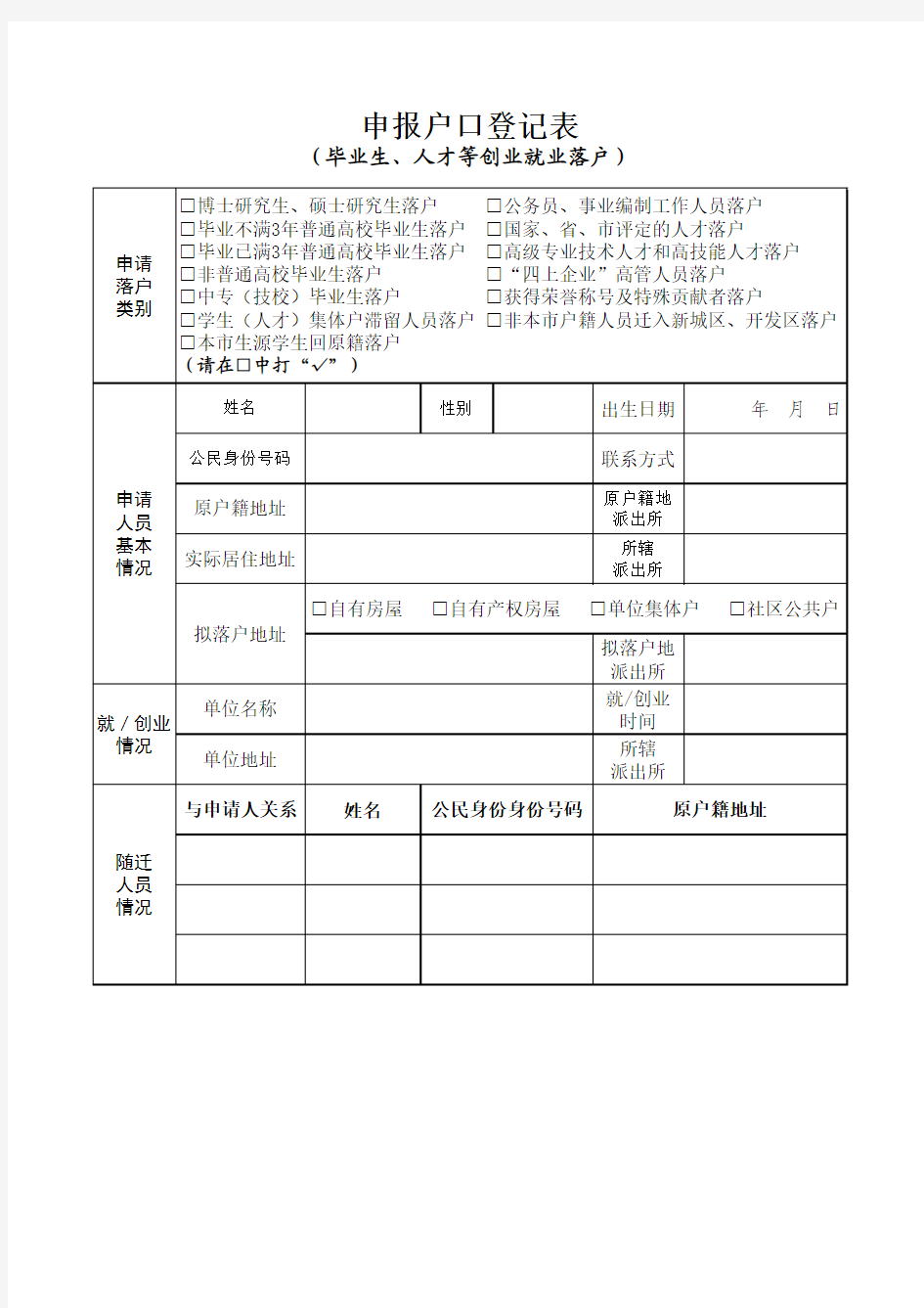 2017年武汉市申报户口登记表(毕业生、人才等创业就业落户)