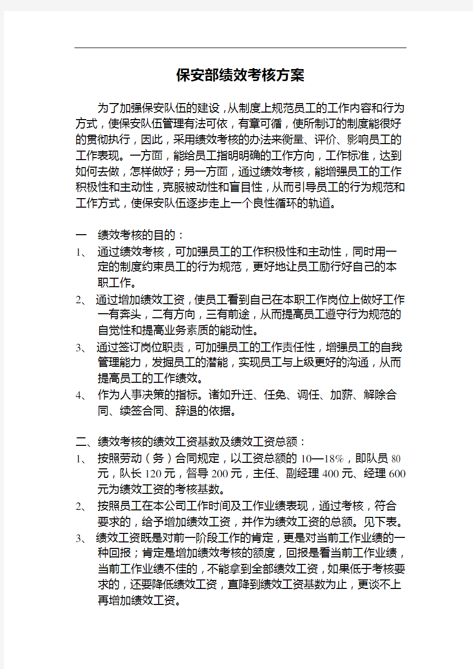 福来国际保安部绩效考核方案.