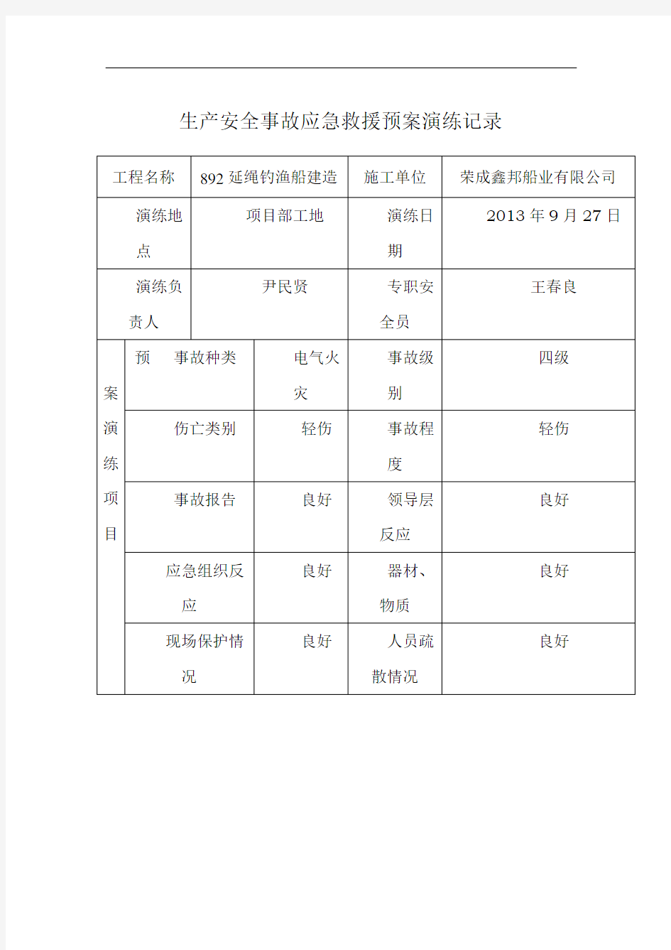 生产安全事故应急救援预案演练记录