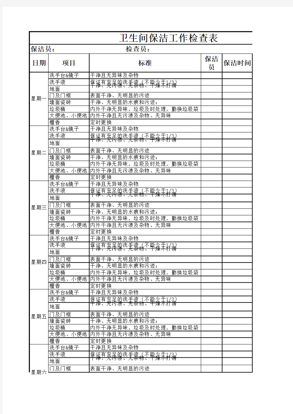 卫生间保洁工作检查表 周表 