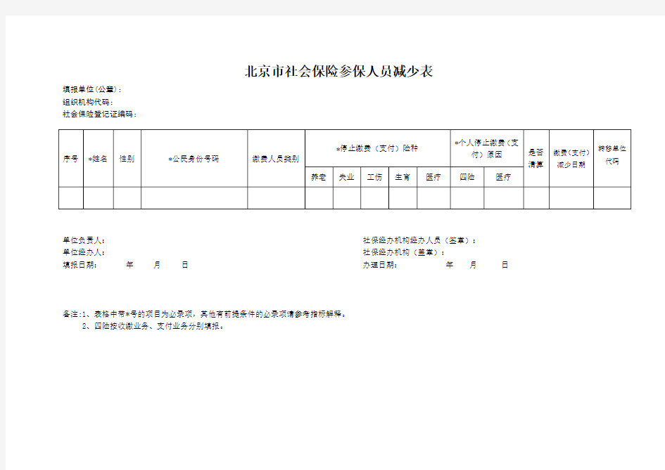 北京市社会保险参保人员减少表(官方全)