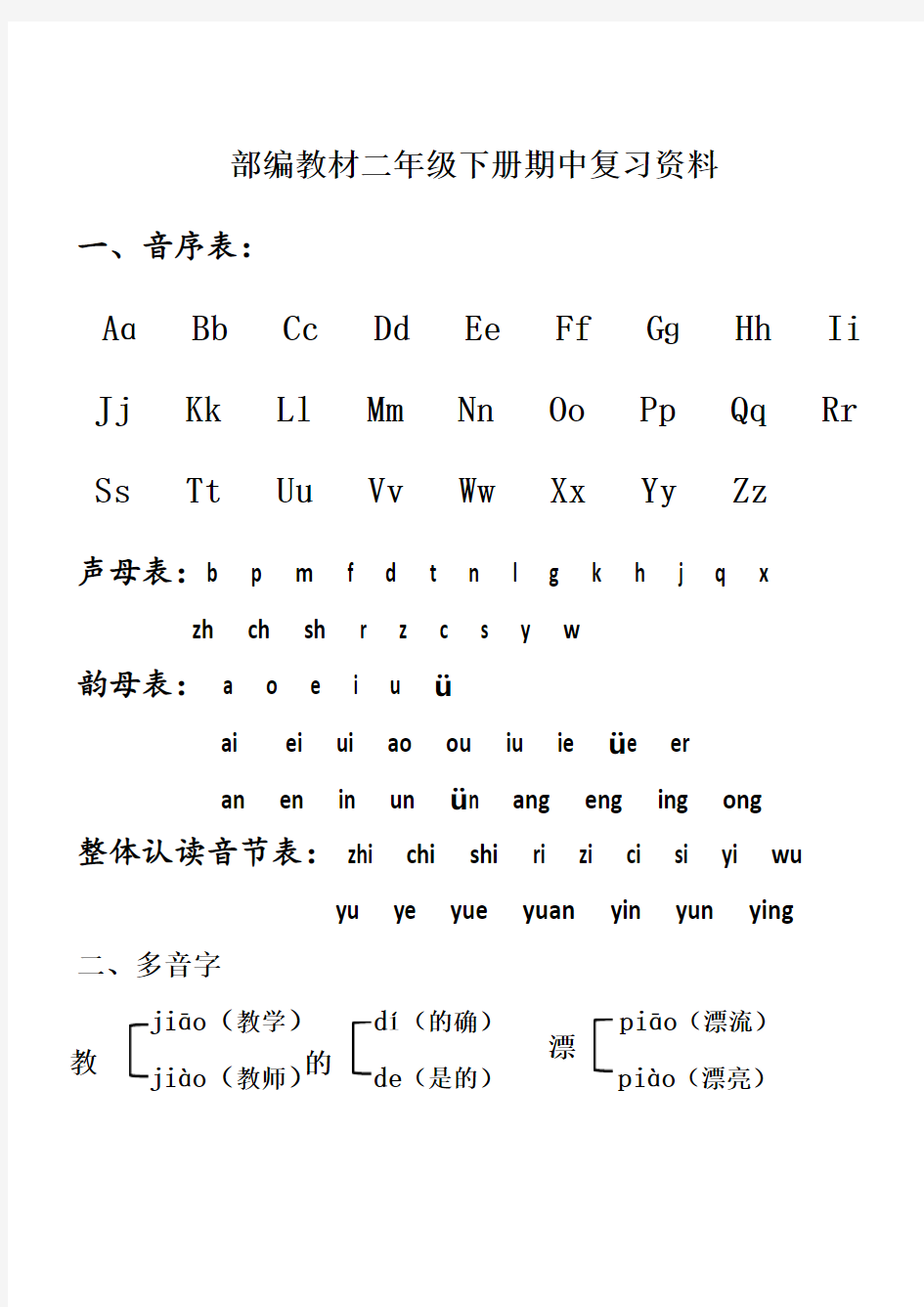 部编人教版语文二年级下册期中复习资料