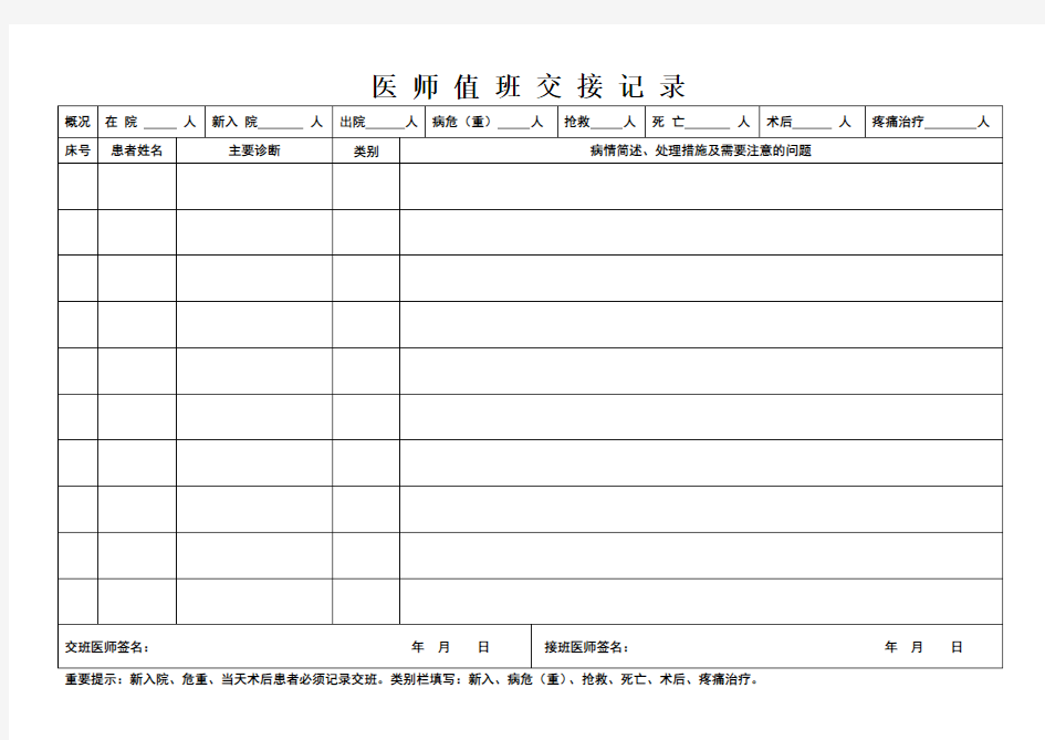 值班医师交接班记录本