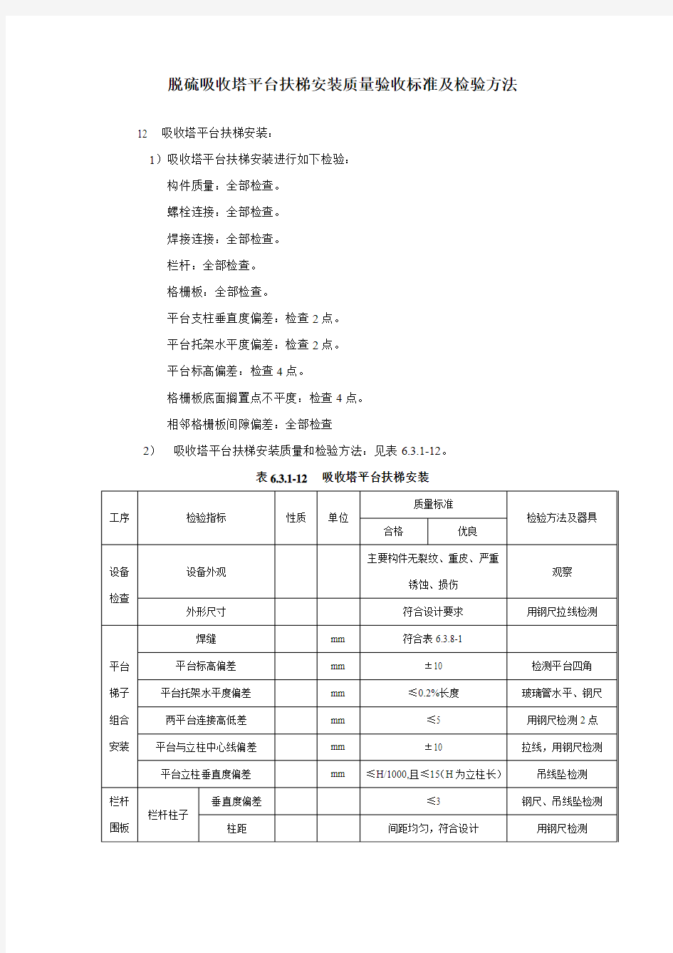 脱硫吸收塔平台扶梯安装质量验收标准及检验方法