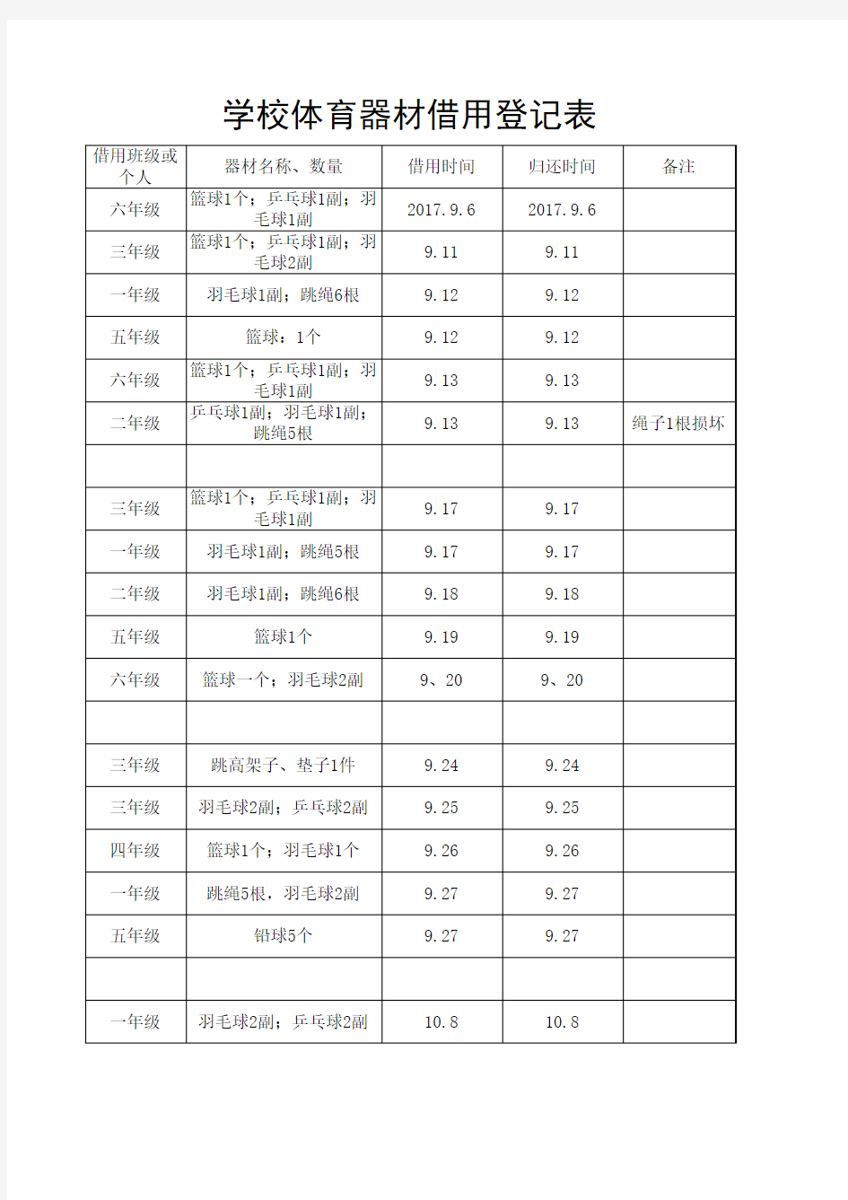 学校体育器材借用登记表