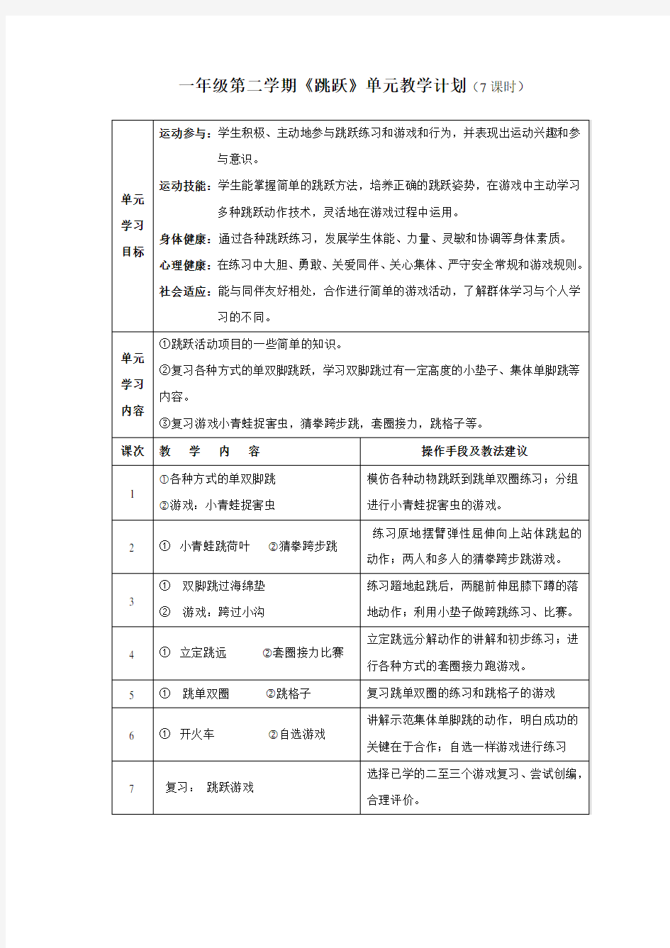 小学体育一年级第二学期《跳跃》单元教学计划