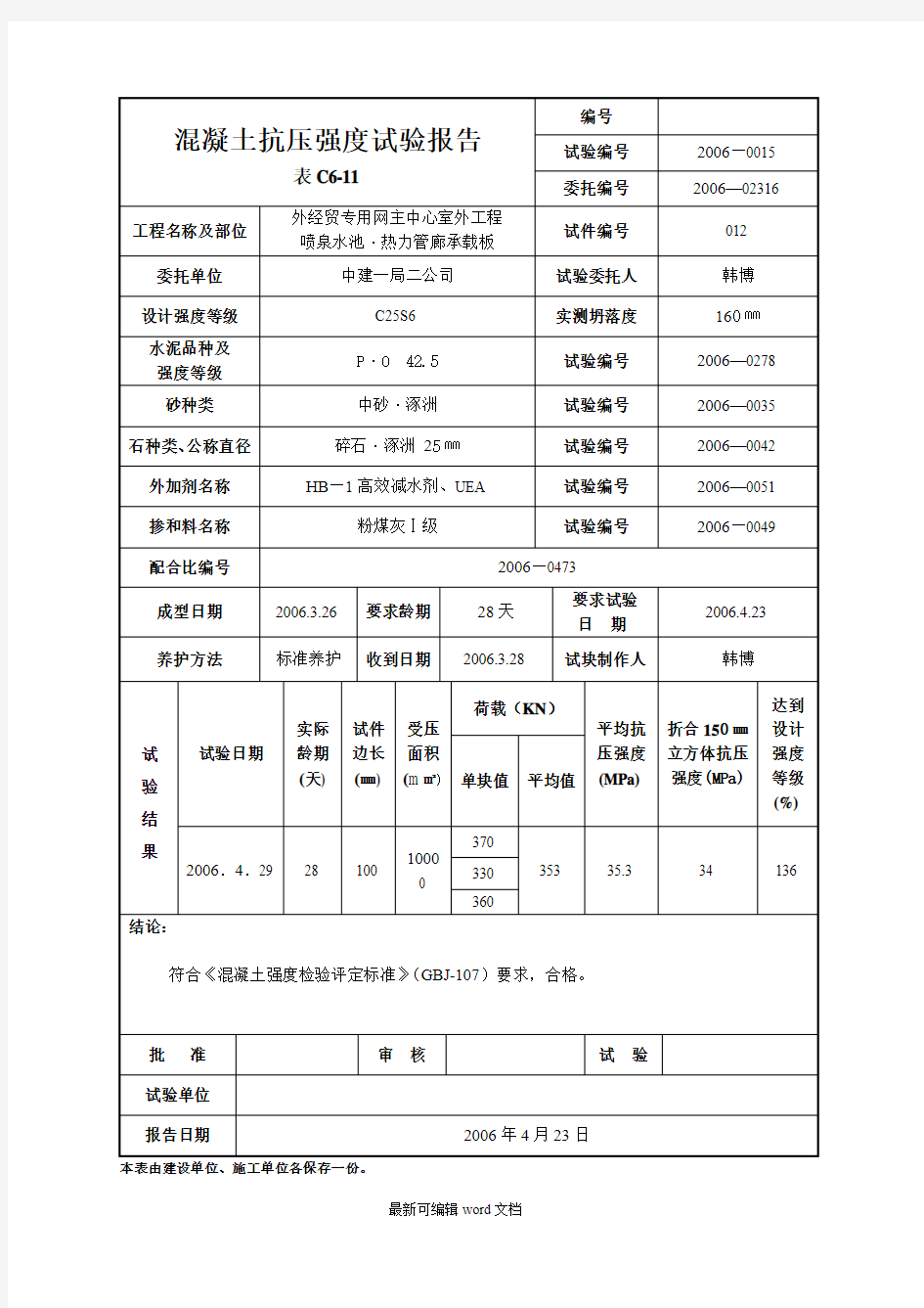 混凝土抗压强度试验报告C