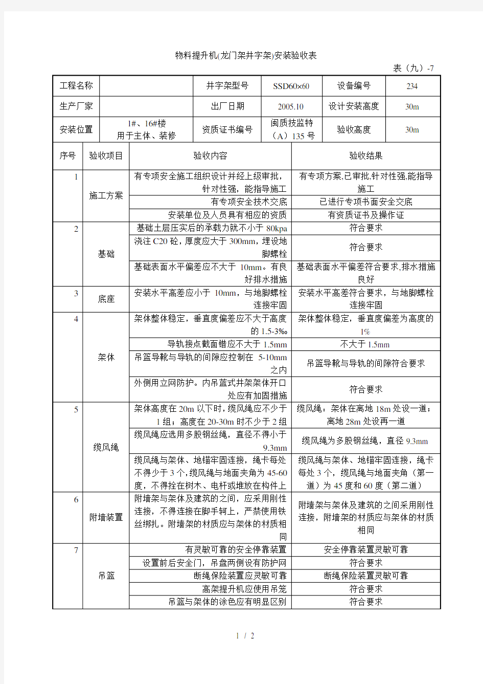 提升机安装验收表