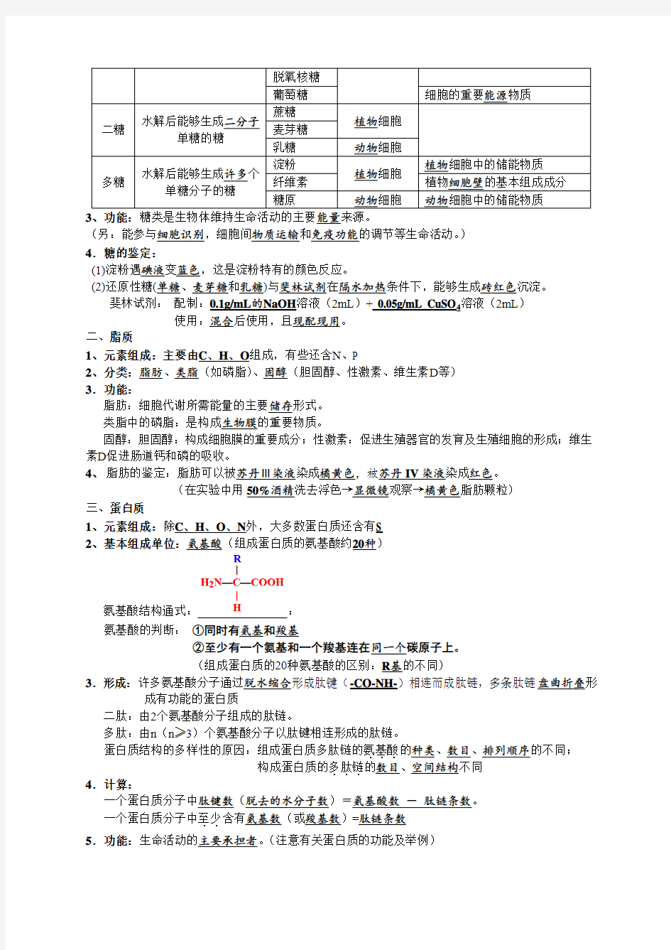 高中生物必修一会考复习知识点