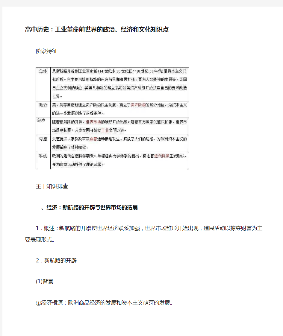 高中历史工业革命前世界的政治经济和文化知识点