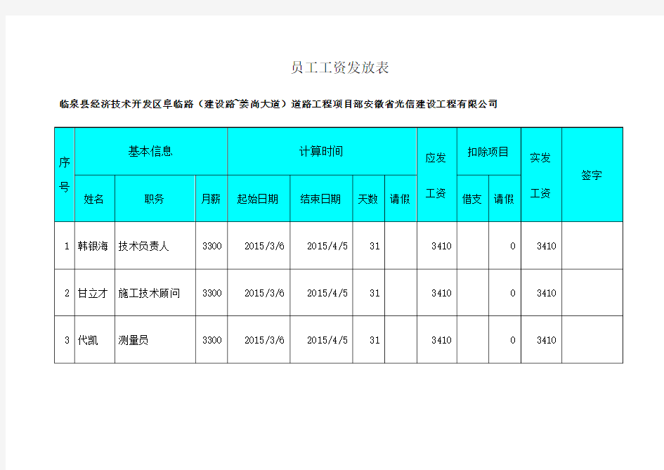 员工工资发放表 月份