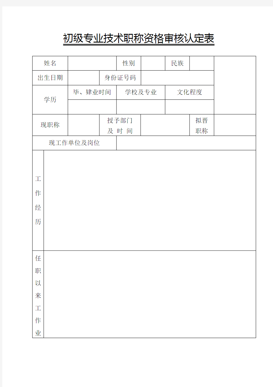 初级专业技术职称资格审核认定表