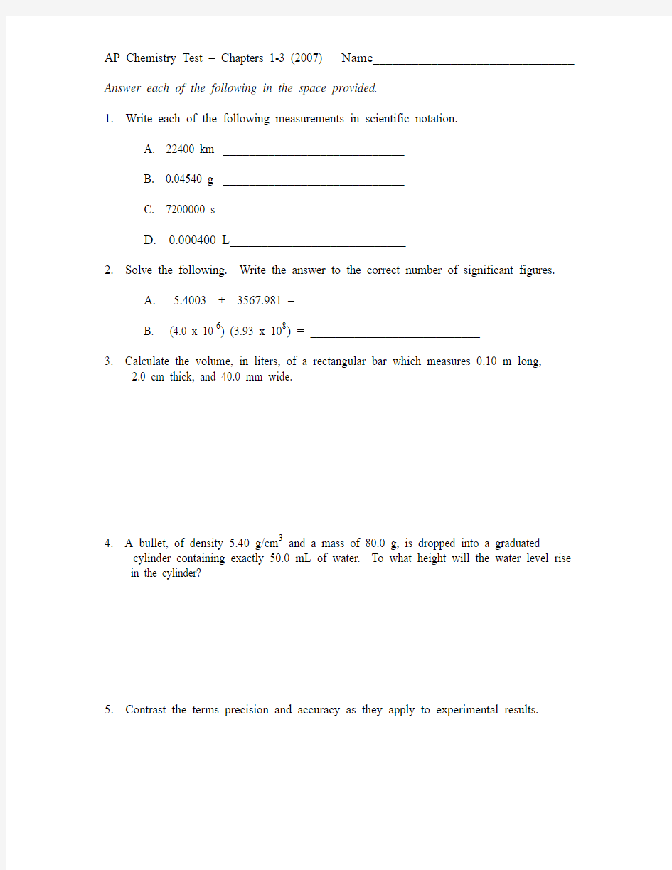 AP Chemistry Test – Chapters 1-3