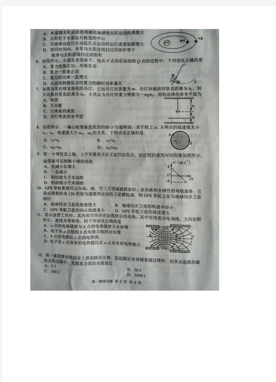 2015年徐州市高一第二学期物理期末考试试题(含答案)