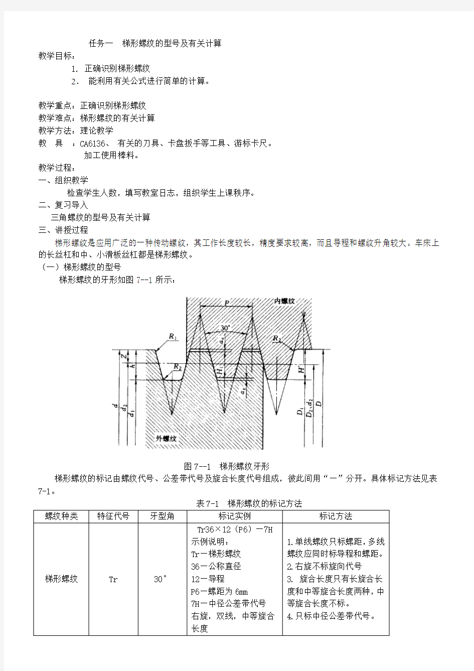 任务一  梯形螺纹的型号及有关计算