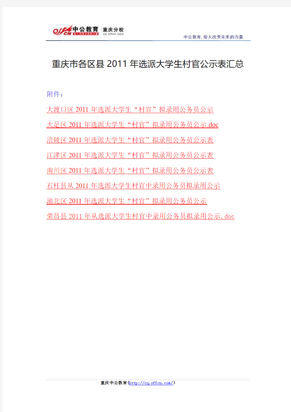重庆市各区县2011年选派大学生村官公示表汇总