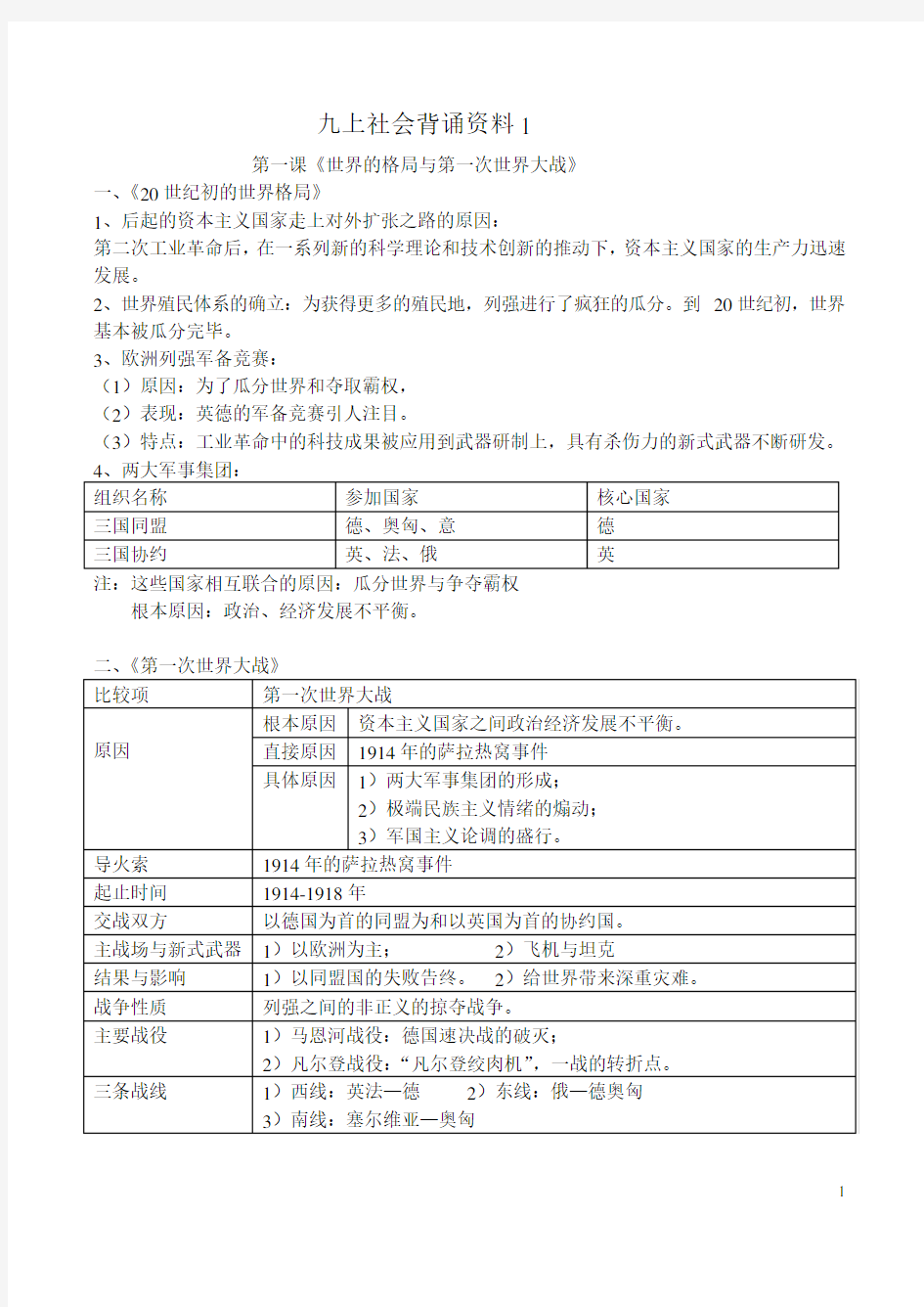 人教九年级历史与社会第一单元知识点整理