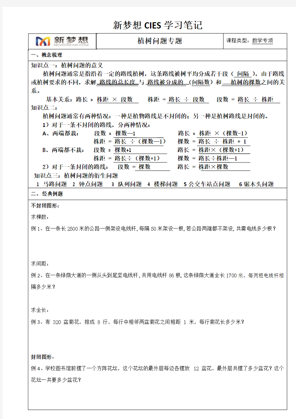 小学五年级植树问题学习笔记