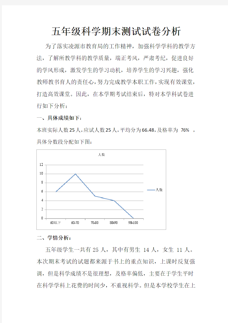 苏教版五年级科学期末考试试卷分析