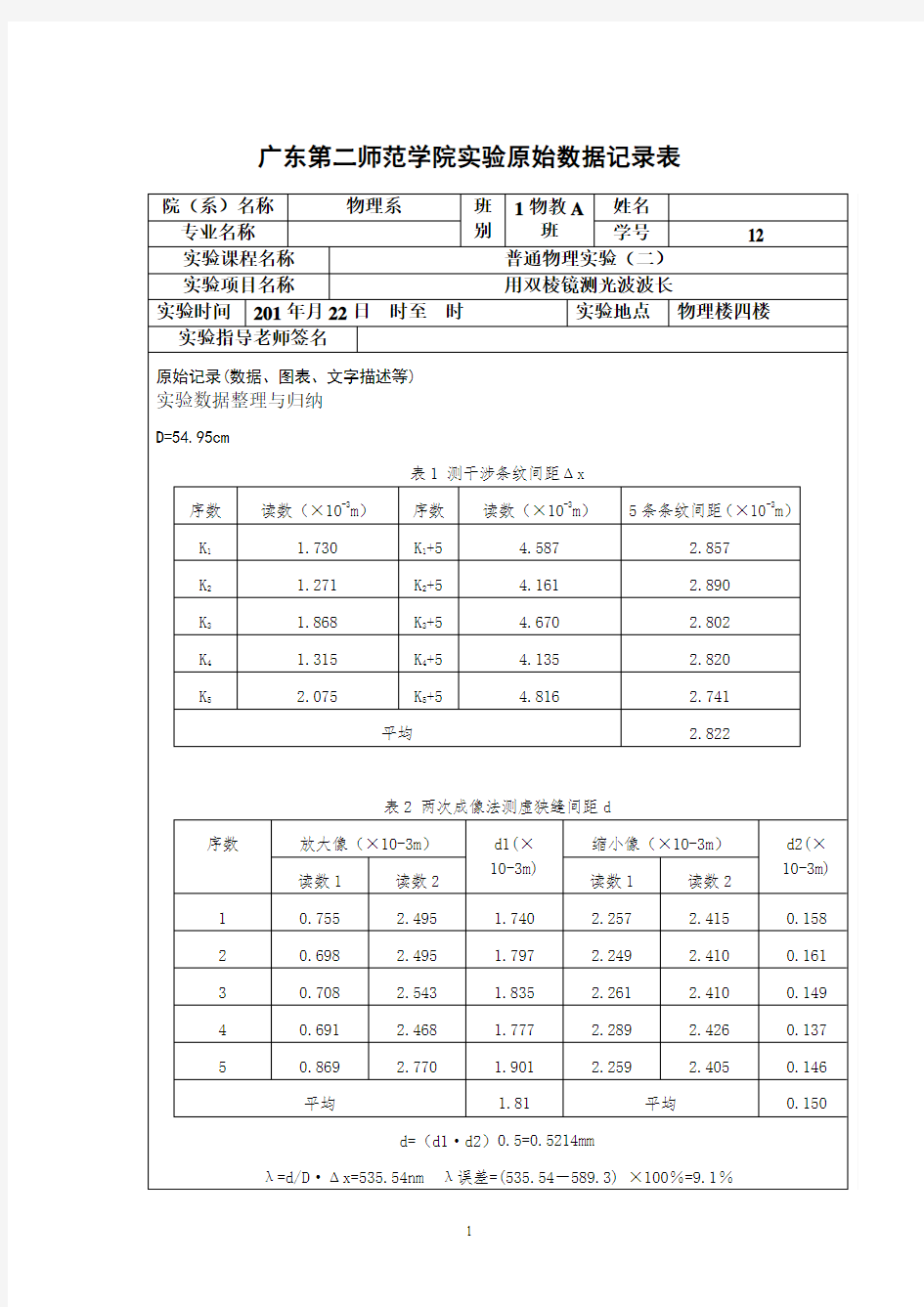 用双棱镜测光波波长原始数据