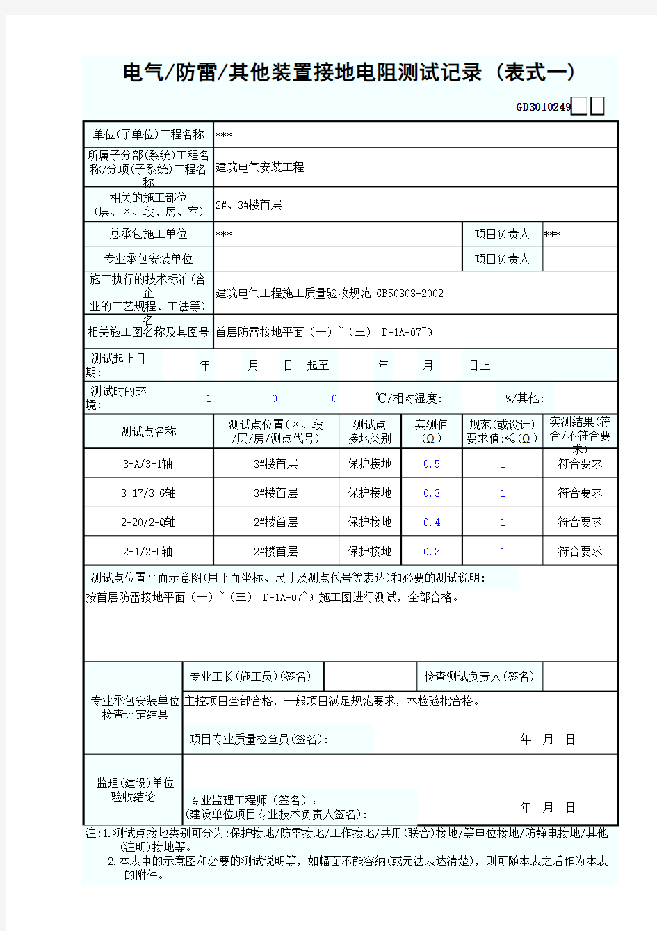 电气／防雷／其他装置接地电阻测试记录(表式一) (广东省统表)