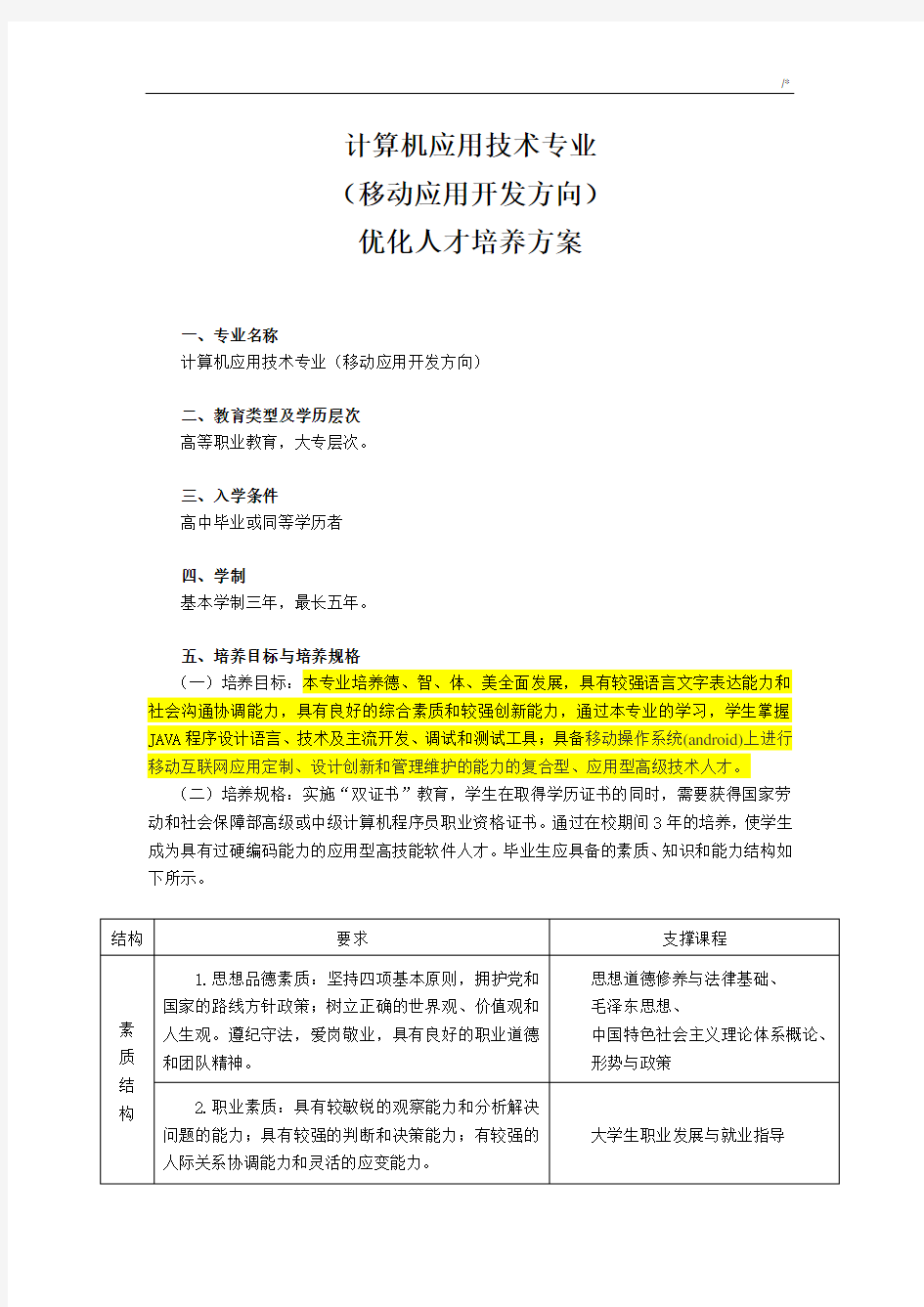 移动应用开发专业培养方案计划