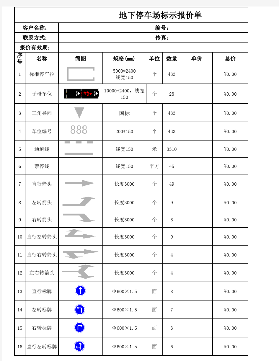 地下停车场交通设施制作报价表