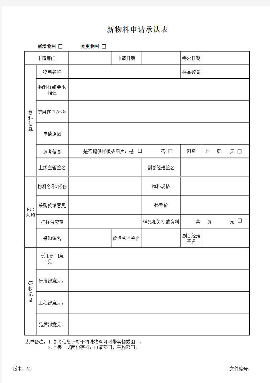 新物料申请(承认)表