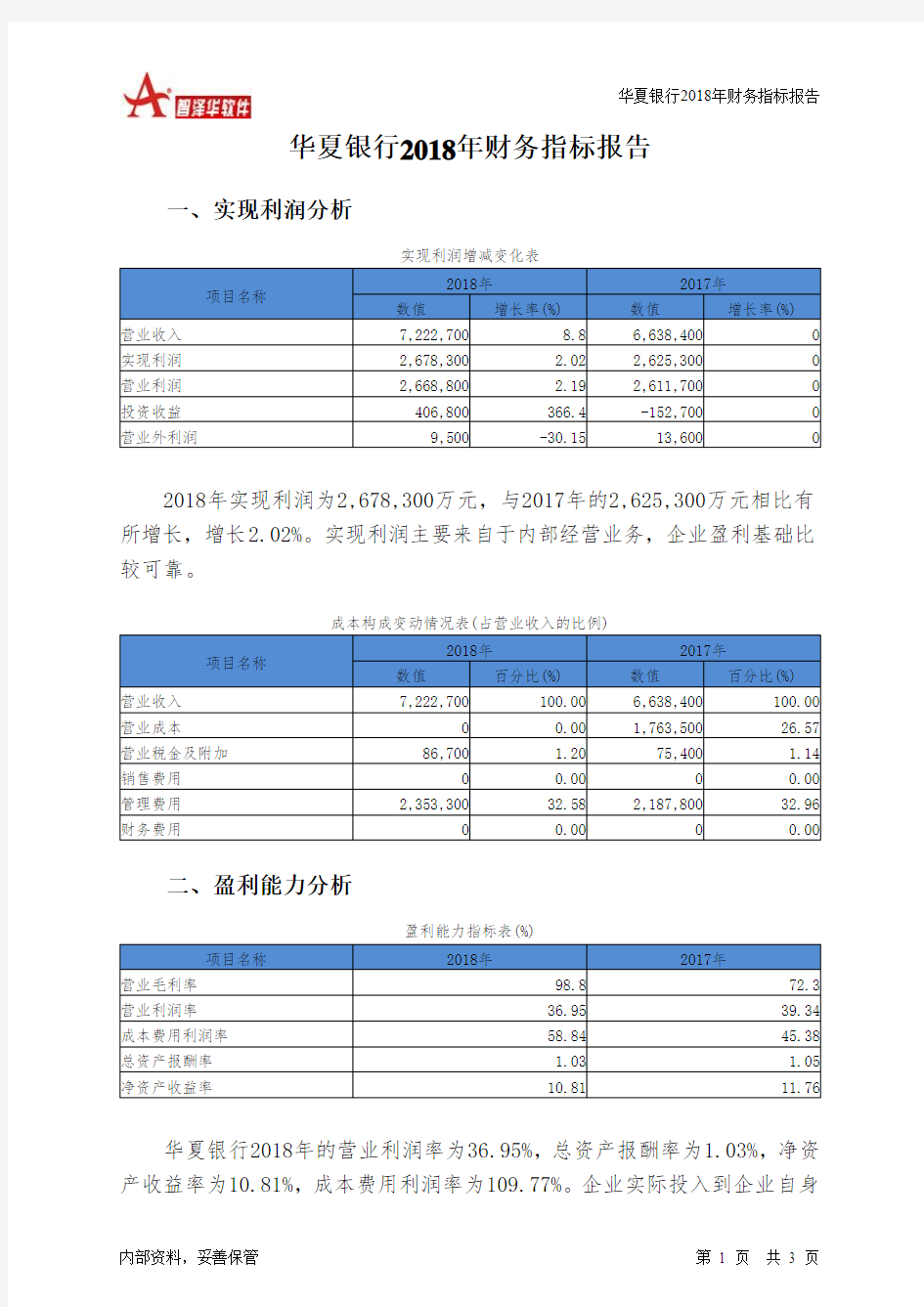 华夏银行2018年财务指标报告-智泽华