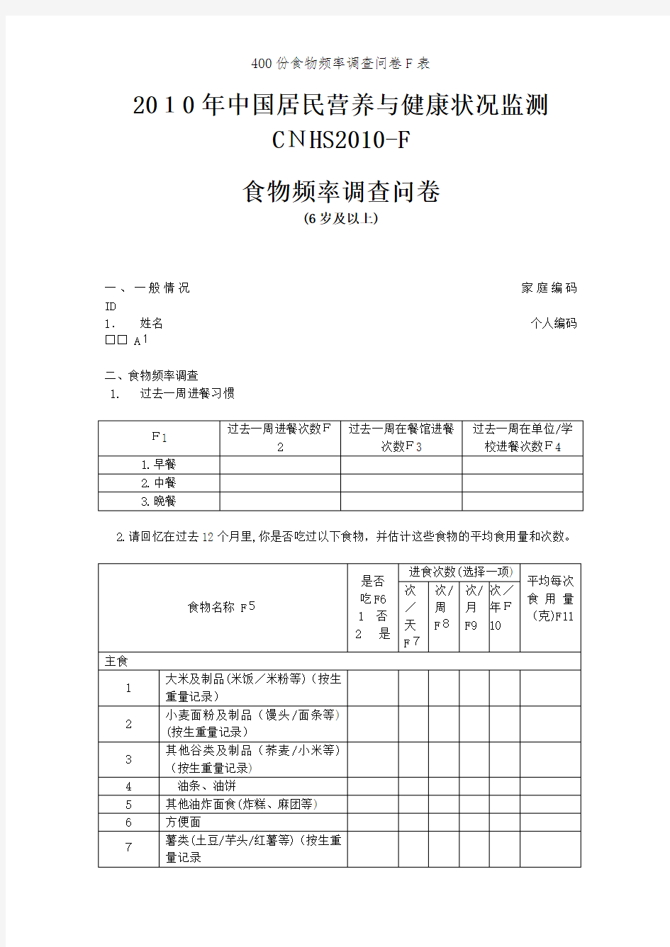 400份食物频率调查问卷F表