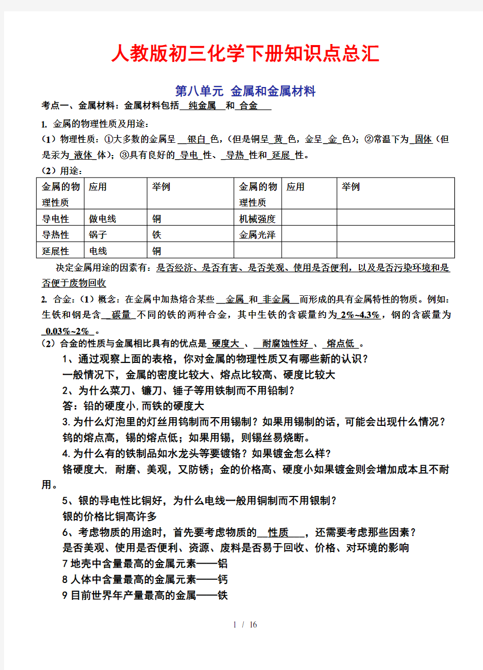 2020人教版九年级下册化学知识点汇总