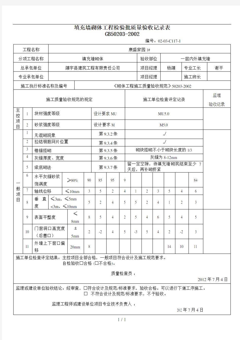 填充墙砌体工程检验批质量验收记录表