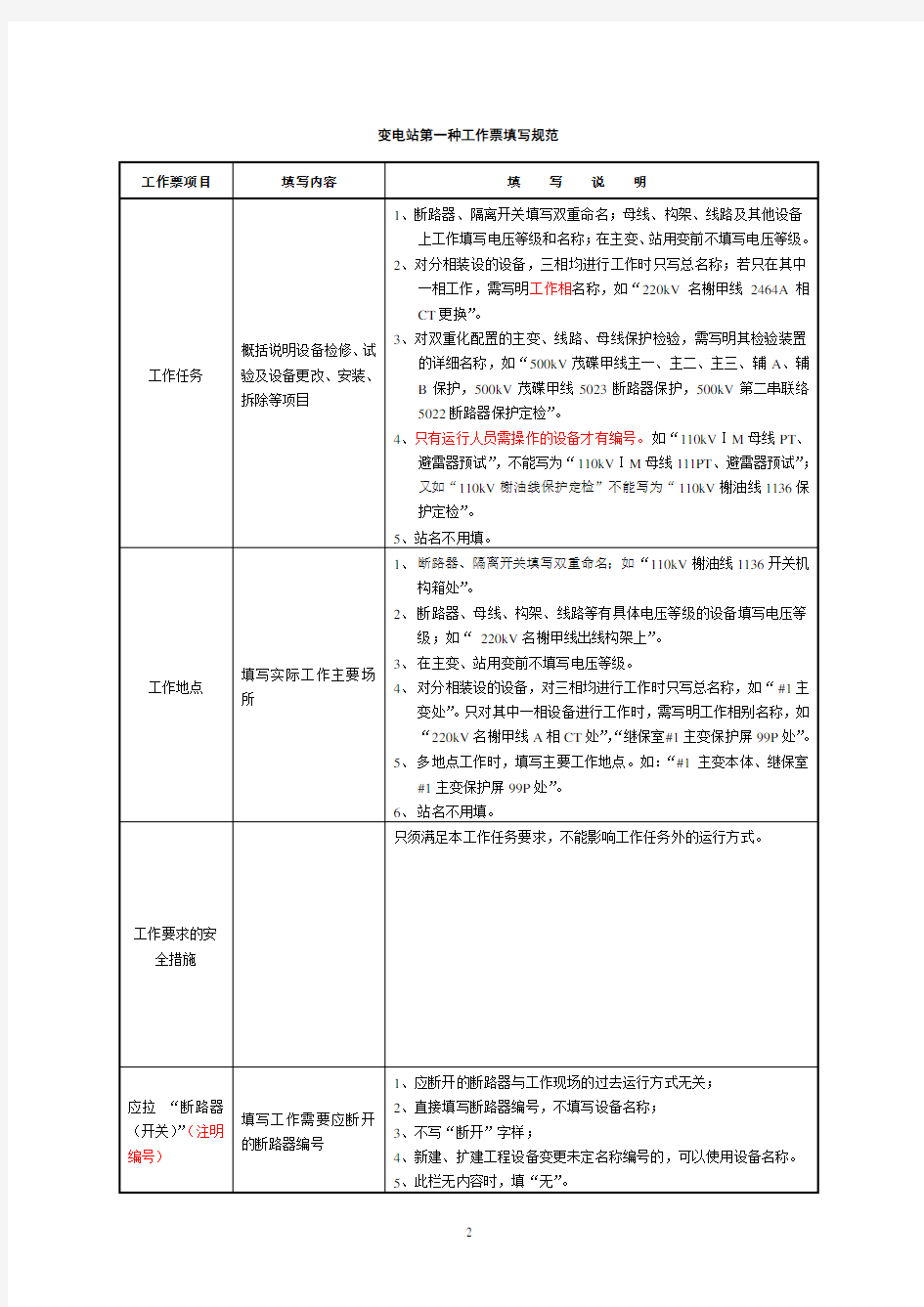 变电管理所工作票填写规范.