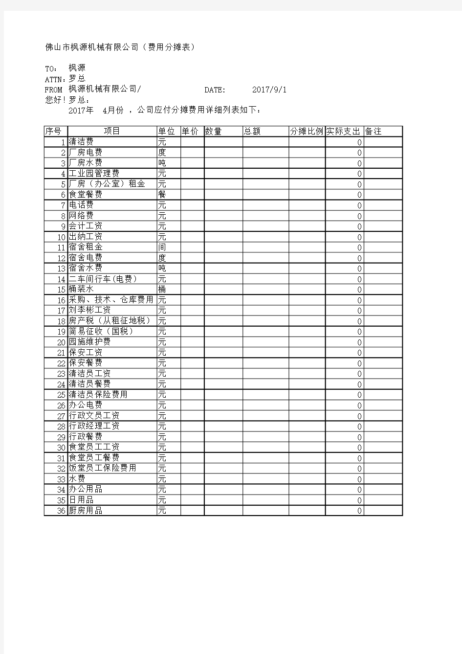 费用分摊表模板