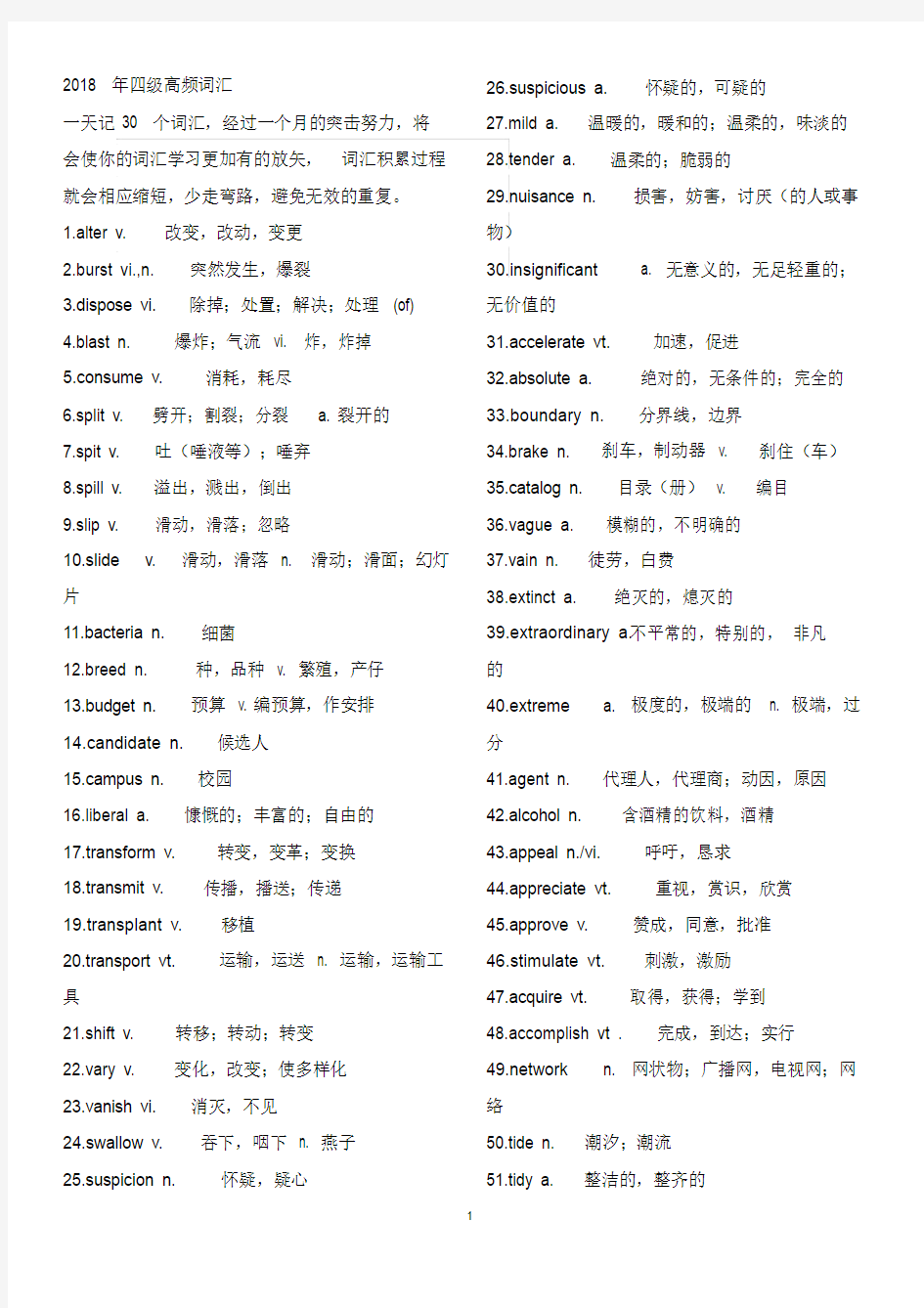 (完整)2018年英语四级四级高频词汇.doc