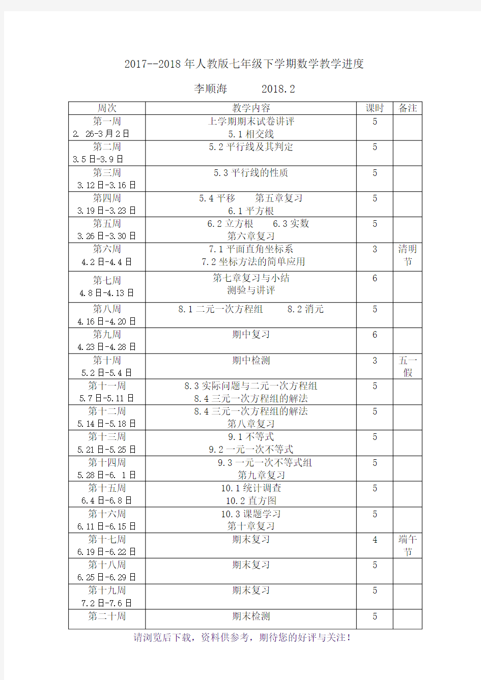 2018人教版七年级数学下学期教学进度表