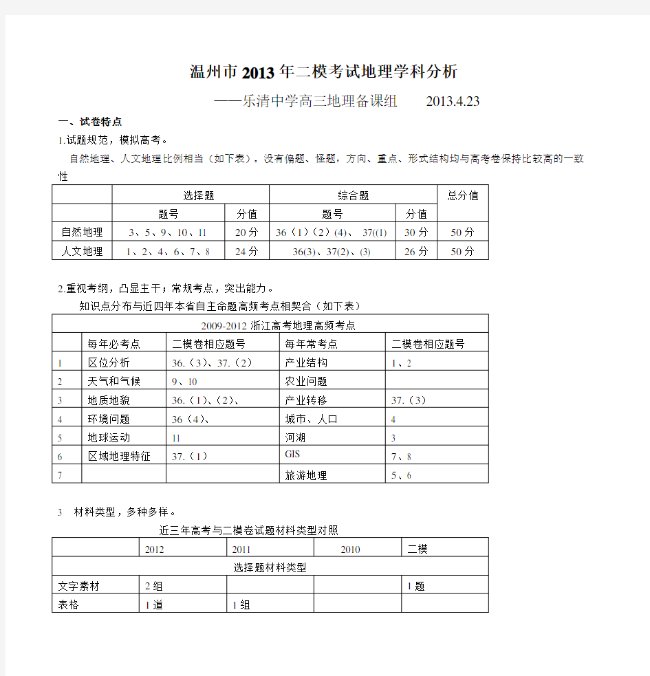 乐清中学2013年二模考试地理学科分析