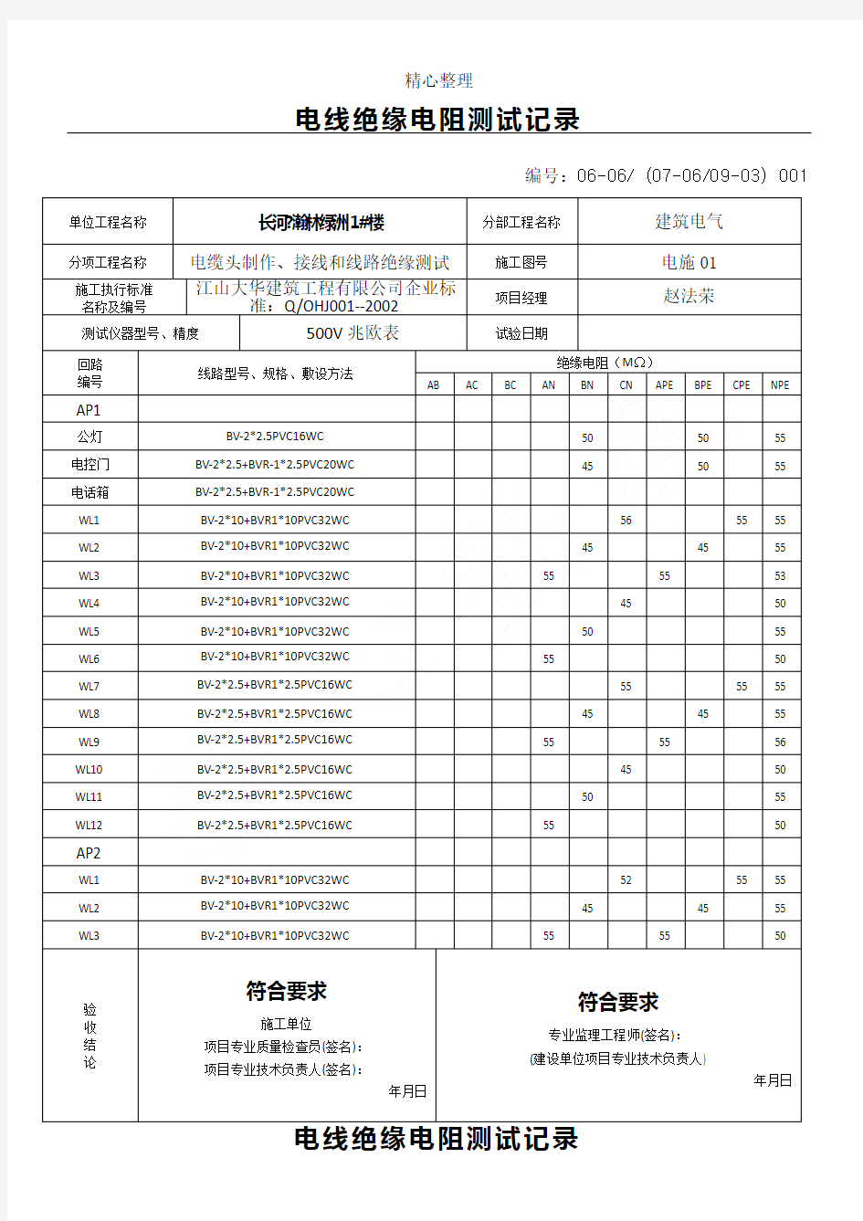 电线绝缘电阻测试记录