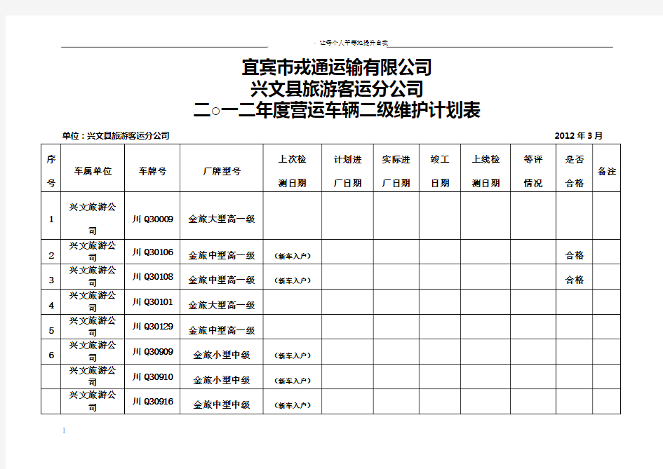 旅游公司营运车辆二级维护计划表