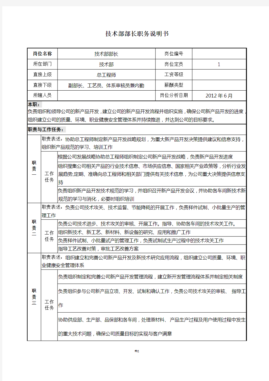 技术部部长职务说明书