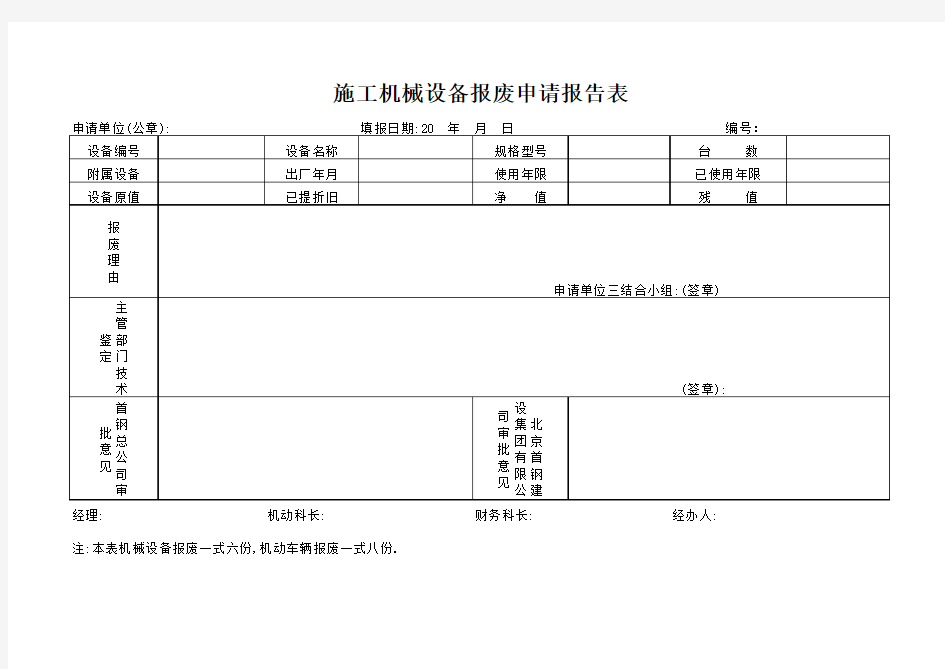 施工机械设备报废申请报告表