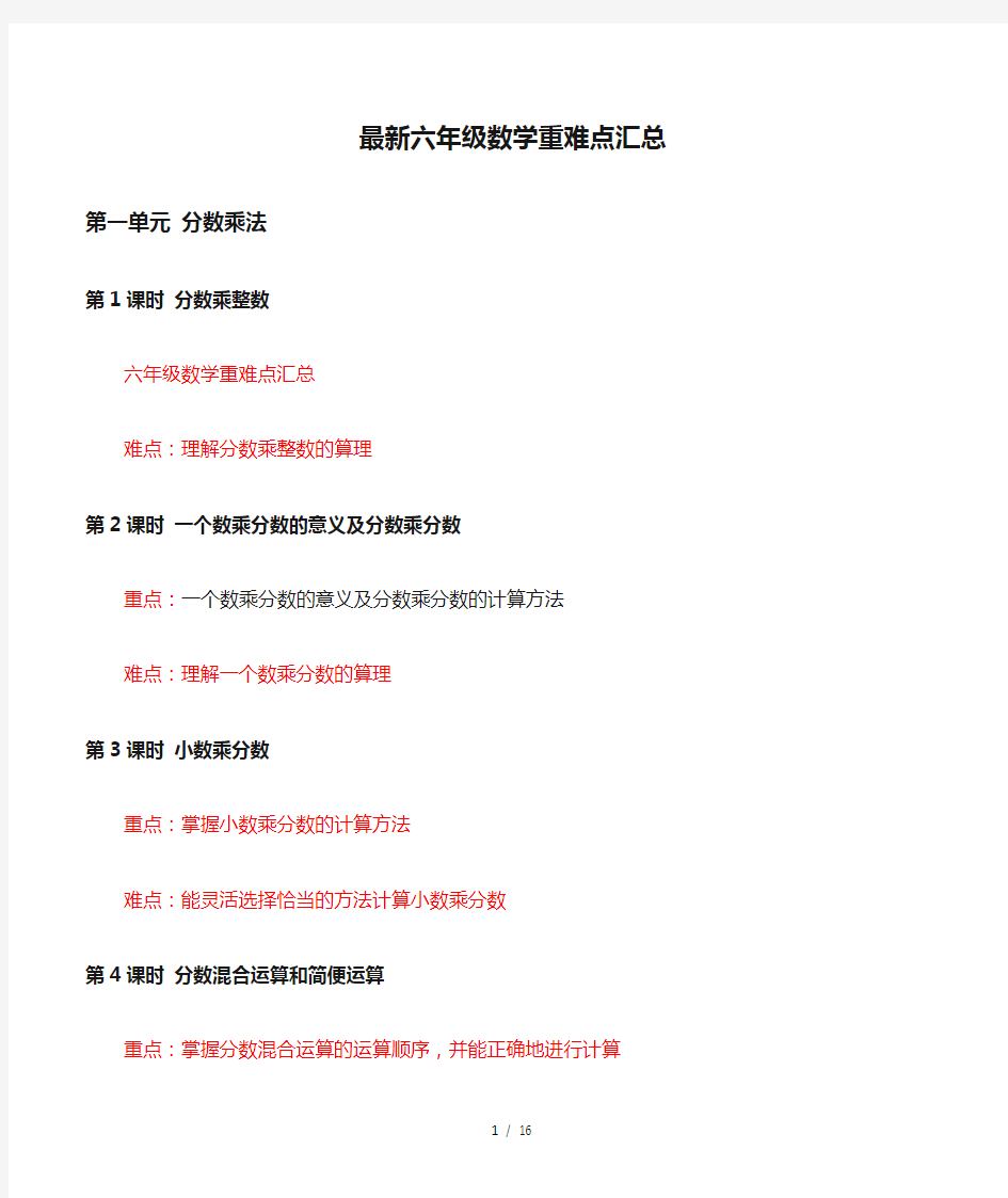 最新六年级数学重难点汇总