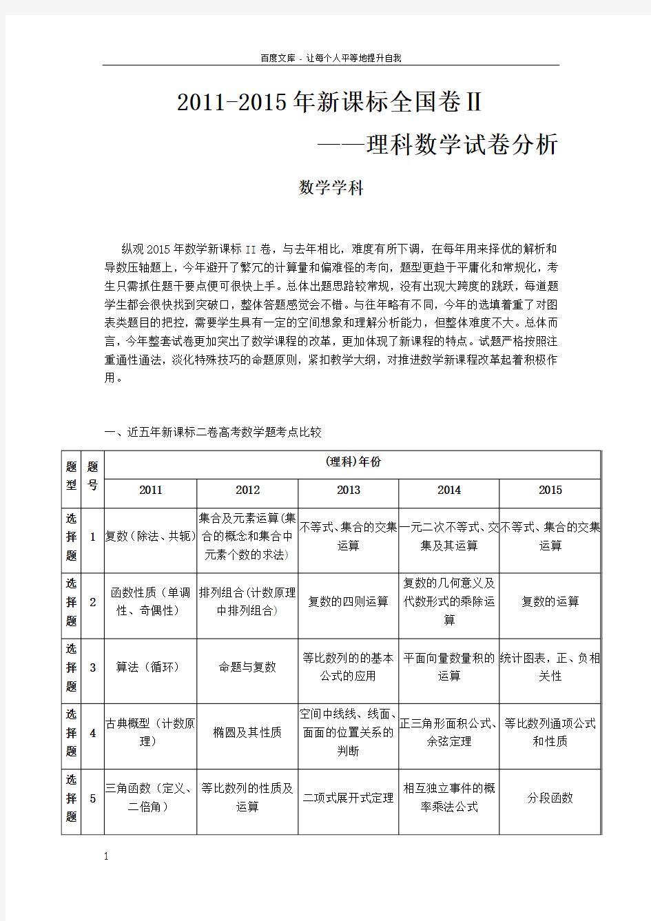 20112015全国高考新课标二卷理科数学考点分析